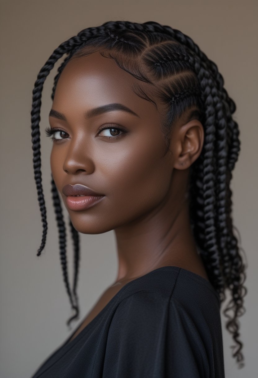 A woman wearing Ghana weaving cornrows that end in soft curls.
