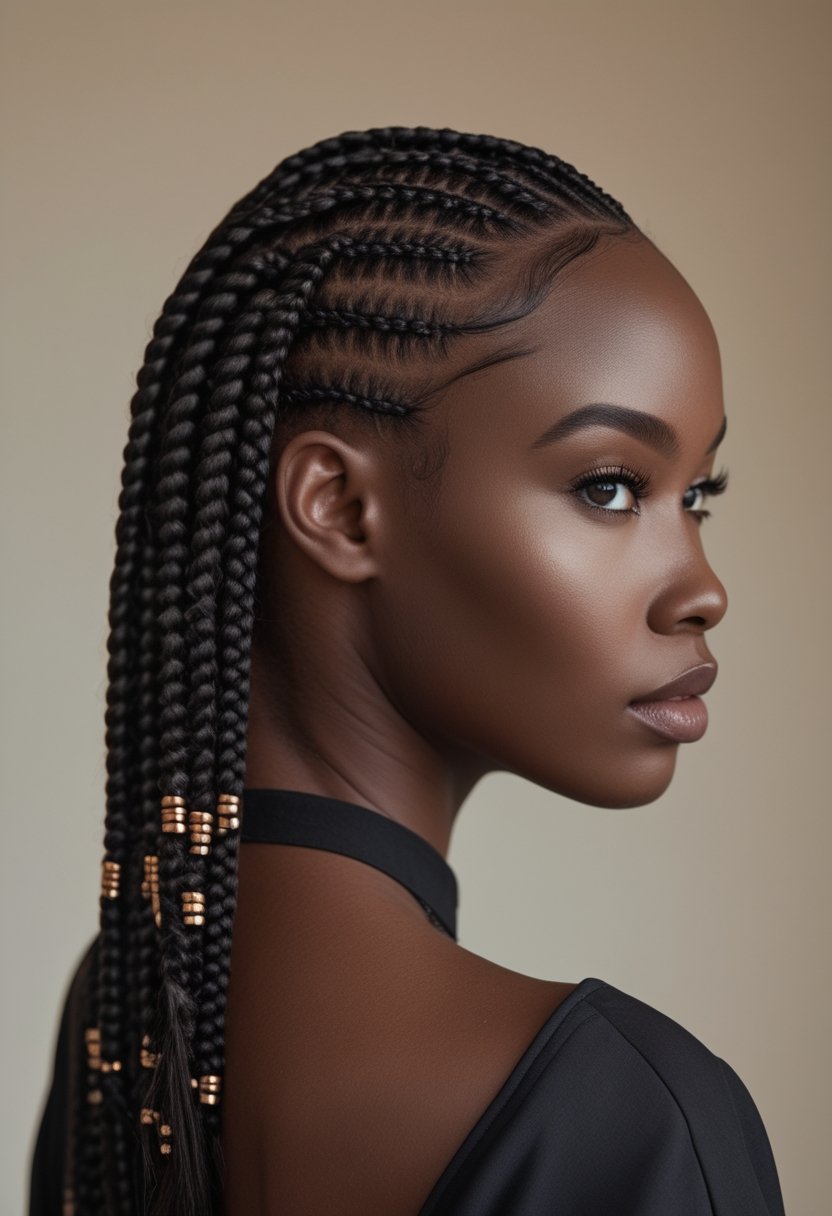 A woman wearing neatly patterned Ghana weaving braids with beaded ends.