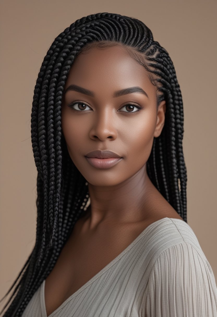 A Black woman wearing a Ghana weaving half-up half-down hairstyle.