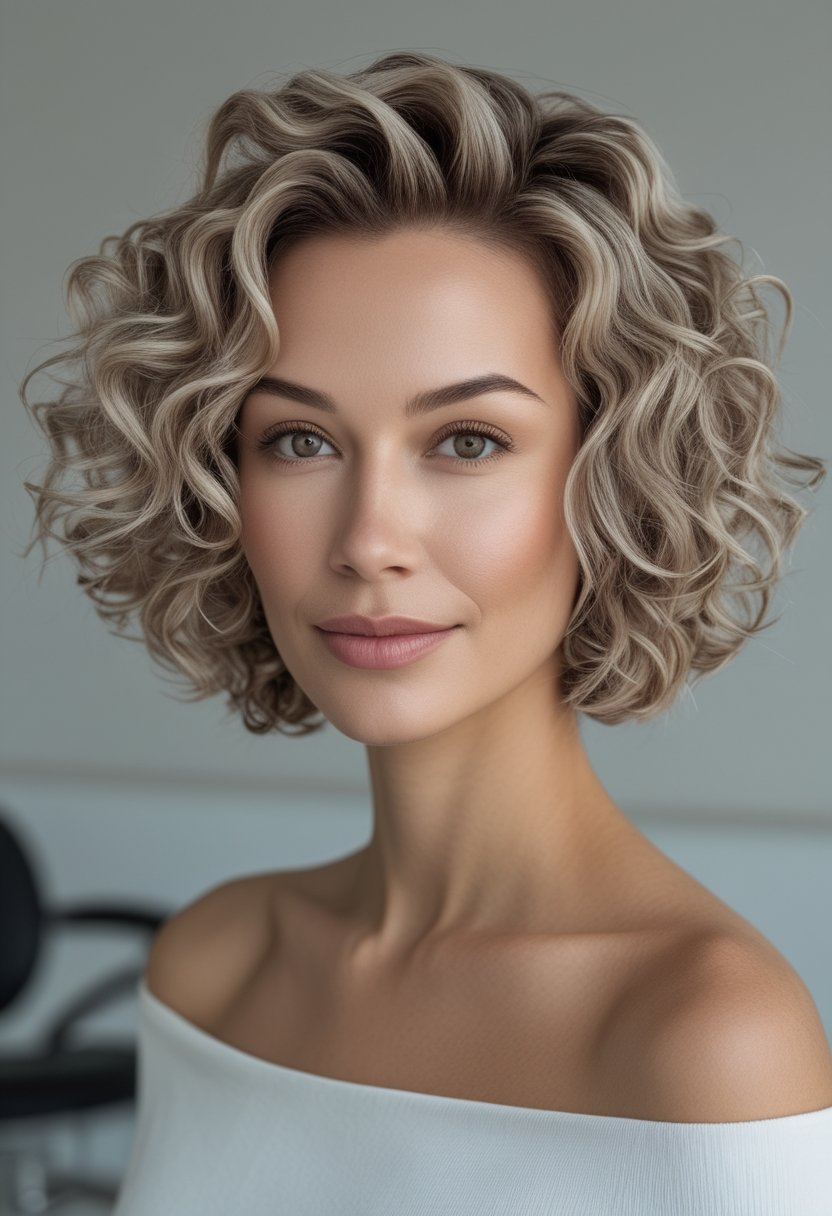 Woman with a round face and a chin-length curly bob haircut.