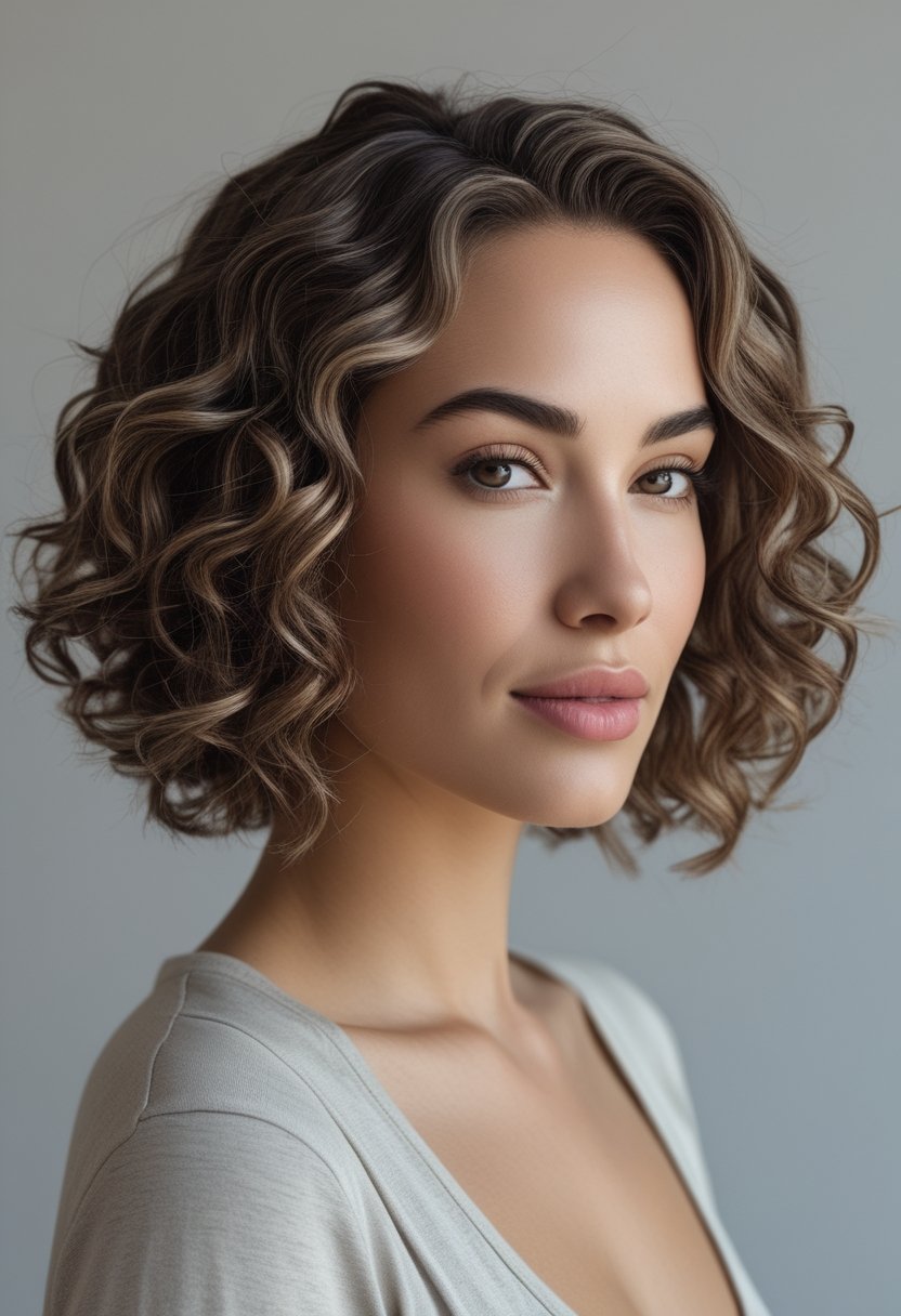 Woman with a round face wearing a curly bob haircut with a deep side part.