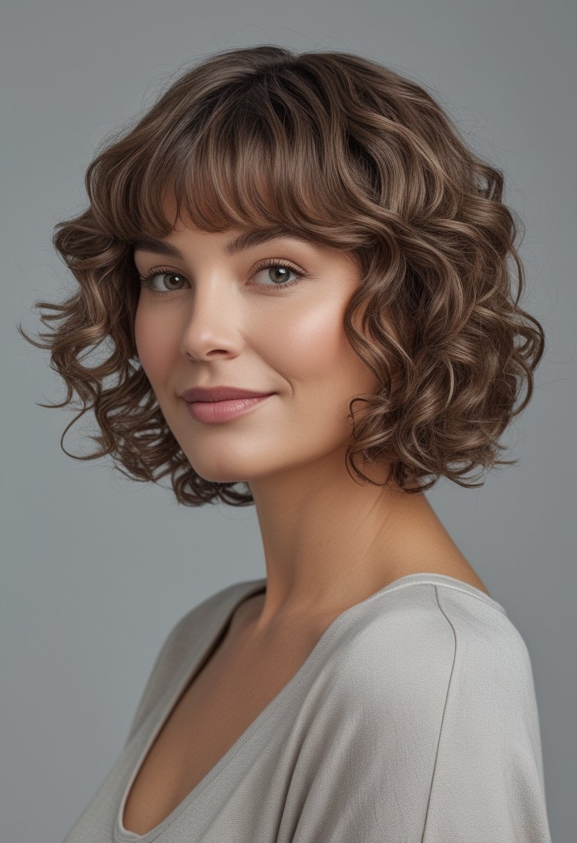 Woman with a round face wearing a curly bob haircut with center-parted curtain bangs.