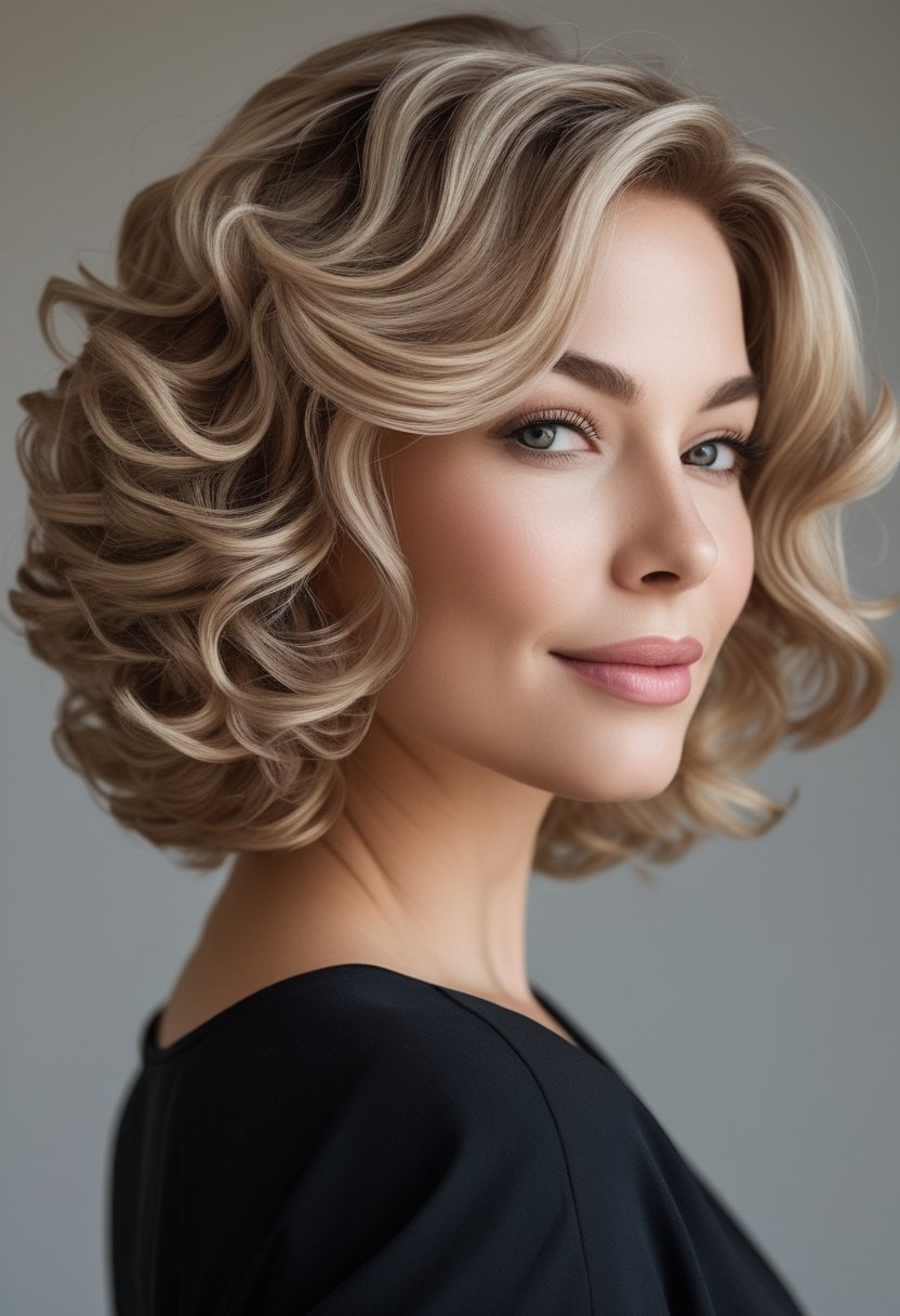 Woman with a curly bob haircut and side-swept bangs posing in a studio.