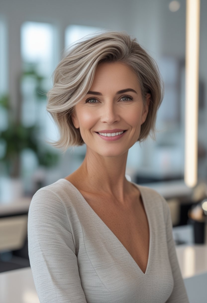 Wash and Wear Haircuts for Women Over 60: 14 Stunning Styles Confident older woman with a short, softly layered haircut smiling in a bright salon.