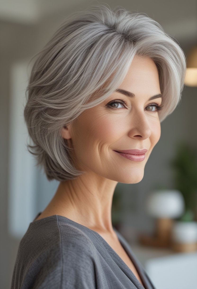 Wash and Wear Haircuts for Women Over 60: 14 Stunning Styles A smiling older woman with a short layered silver pixie haircut poses indoors.