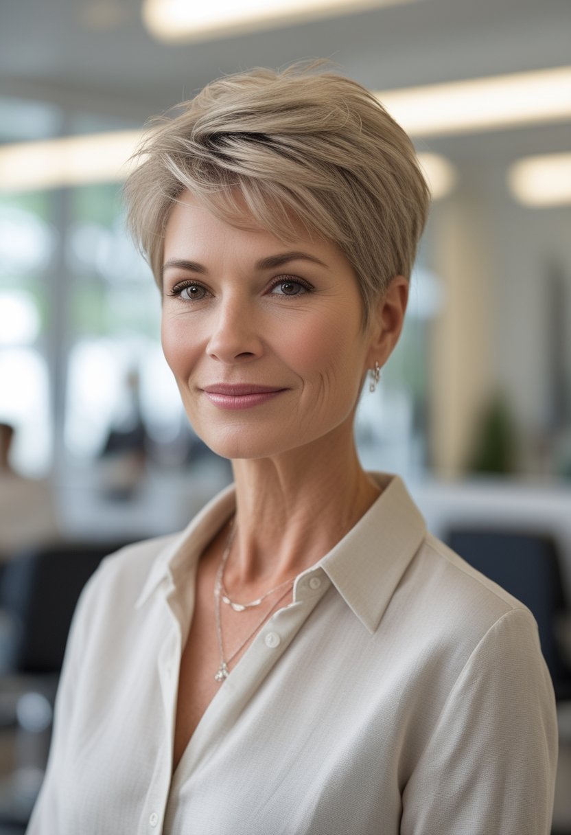 Wash and Wear Haircuts for Women Over 60: 14 Stunning Styles A mature woman with a short textured pixie haircut poses in a bright salon.