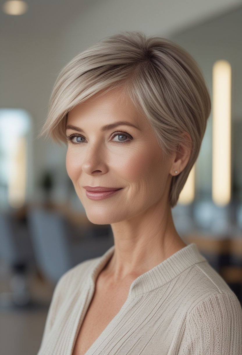 Wash and Wear Haircuts for Women Over 60: 14 Stunning Styles A mature woman with a short side-swept pixie haircut smiles at the camera.