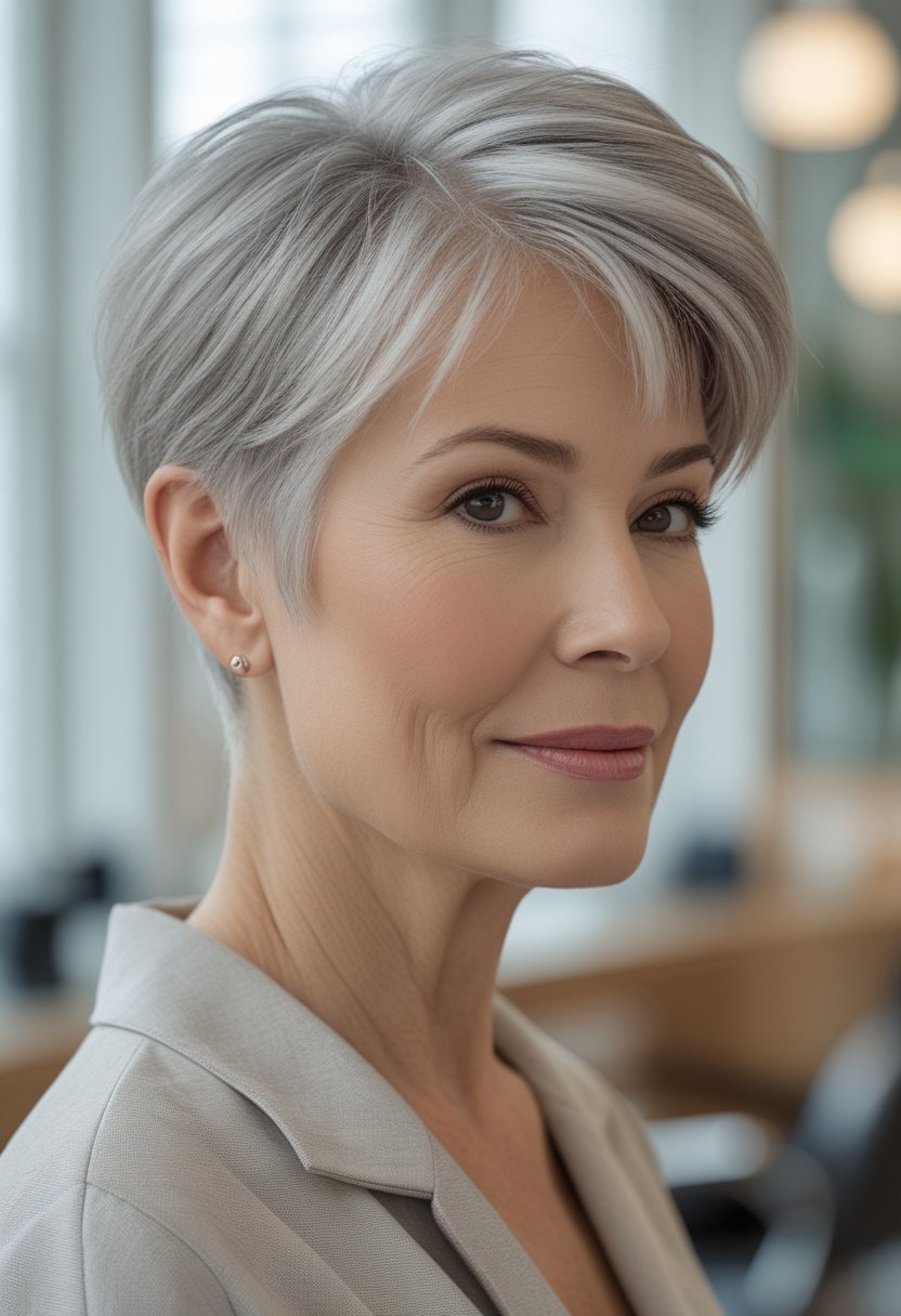 Wash and Wear Haircuts for Women Over 60: 14 Stunning Styles Older woman with a short tapered silver pixie haircut smiling in a bright salon.