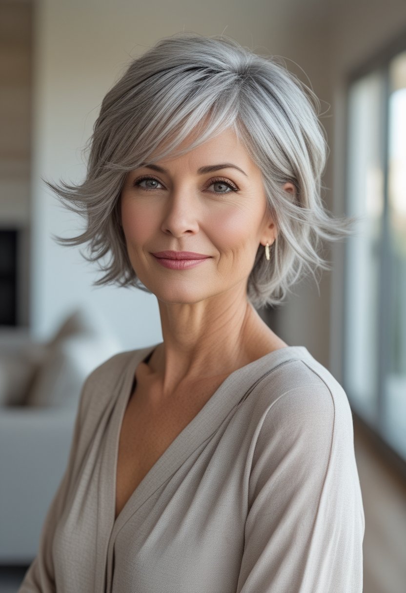 Wash and Wear Haircuts for Women Over 60: 14 Stunning Styles Older woman with a silver feathered long pixie haircut posing indoors.