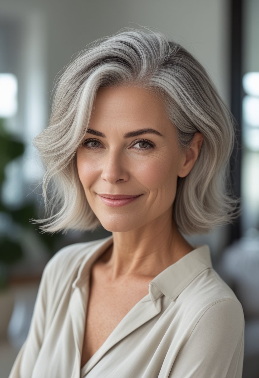 Wash and Wear Haircuts for Women Over 60: 14 Stunning Styles A smiling older woman with a short silver bob haircut sits in a bright room.