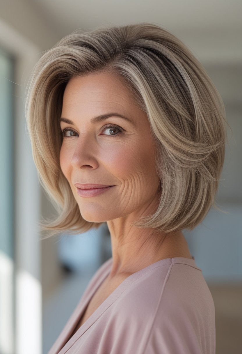 Wash and Wear Haircuts for Women Over 60: 14 Stunning Styles Mature woman with a chin-length layered bob haircut standing in a bright home interior.