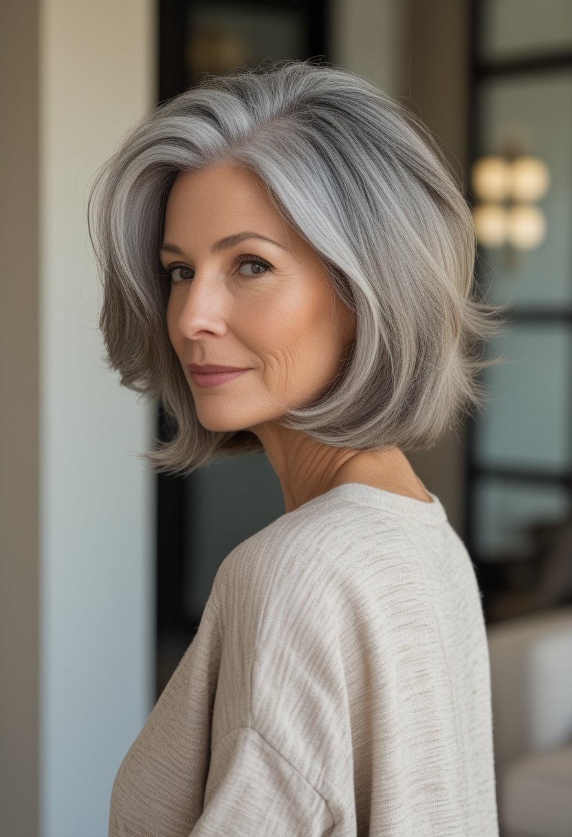 Wash and Wear Haircuts for Women Over 60: 14 Stunning Styles An older woman with a softly voluminous graduated bob haircut stands in a bright home interior.