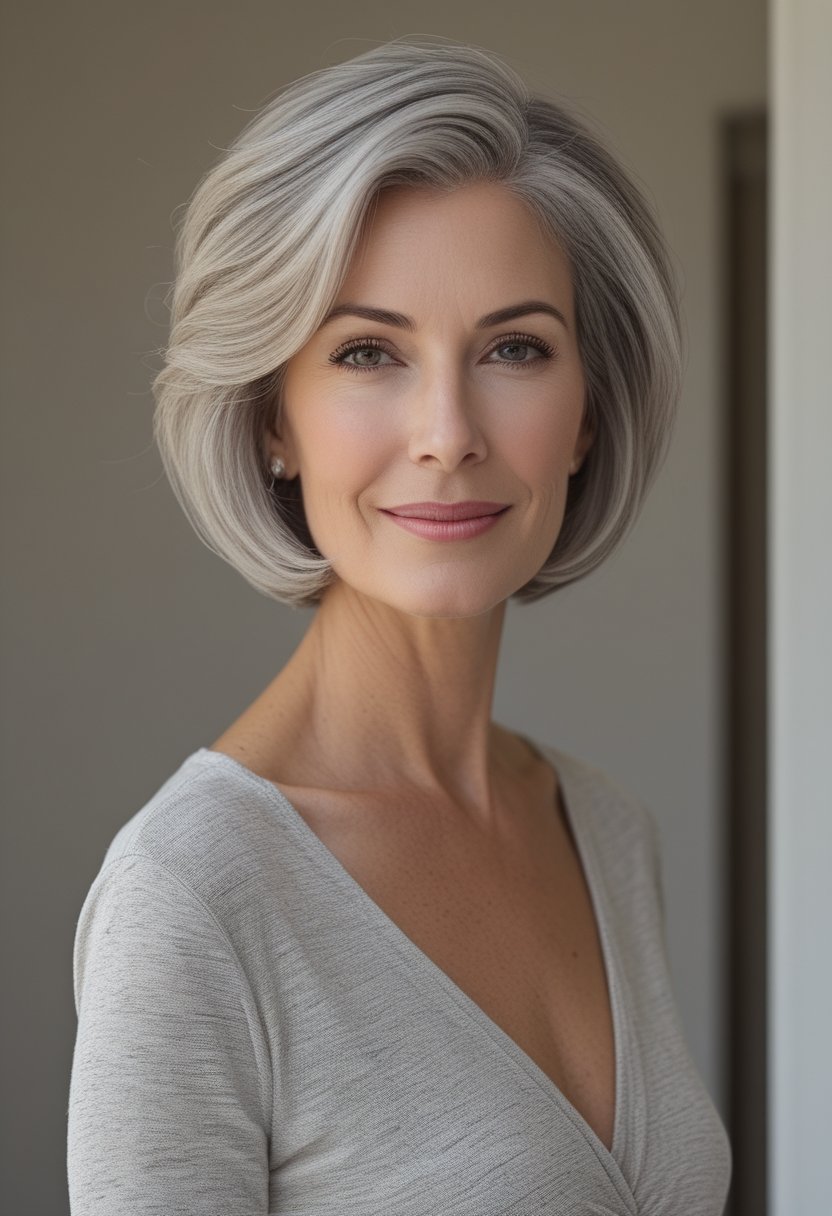 Wash and Wear Haircuts for Women Over 60: 14 Stunning Styles Older woman with a softly layered stacked bob haircut posing indoors.
