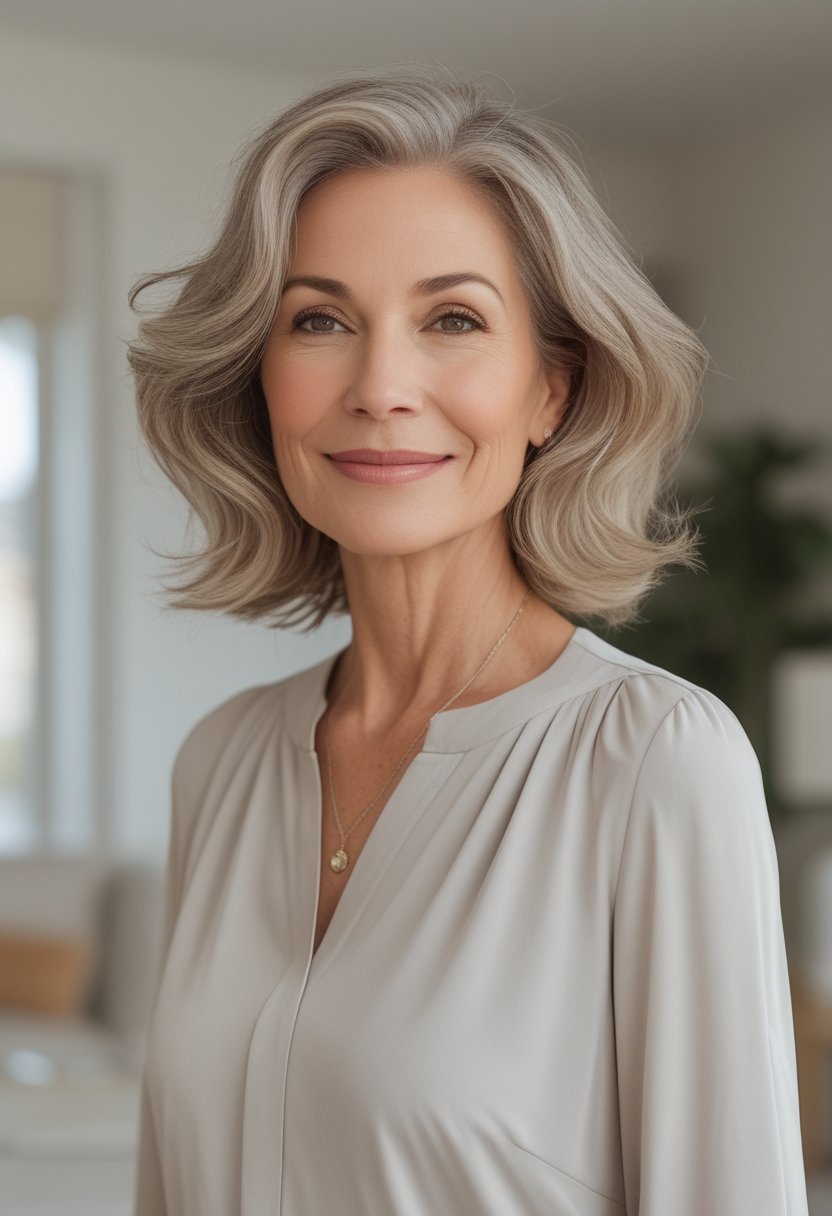 Wash and Wear Haircuts for Women Over 60: 14 Stunning Styles A mature woman with a wavy collarbone-length bob smiles in a bright home interior.