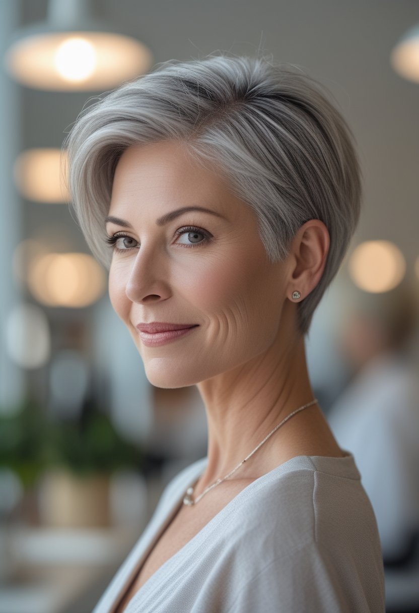 A confident older woman with a short pixie haircut poses in a bright, elegant setting.