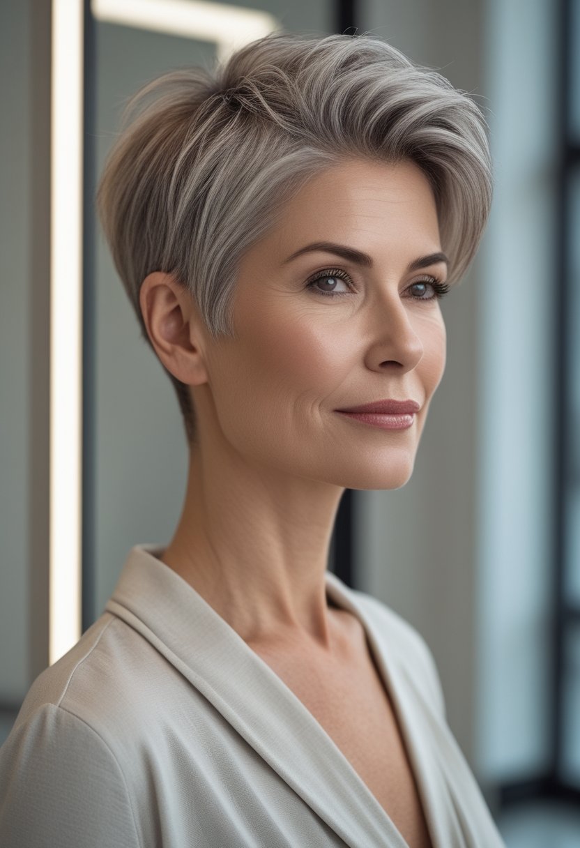 A mature woman with a short tapered pixie haircut smiles in a softly lit salon.