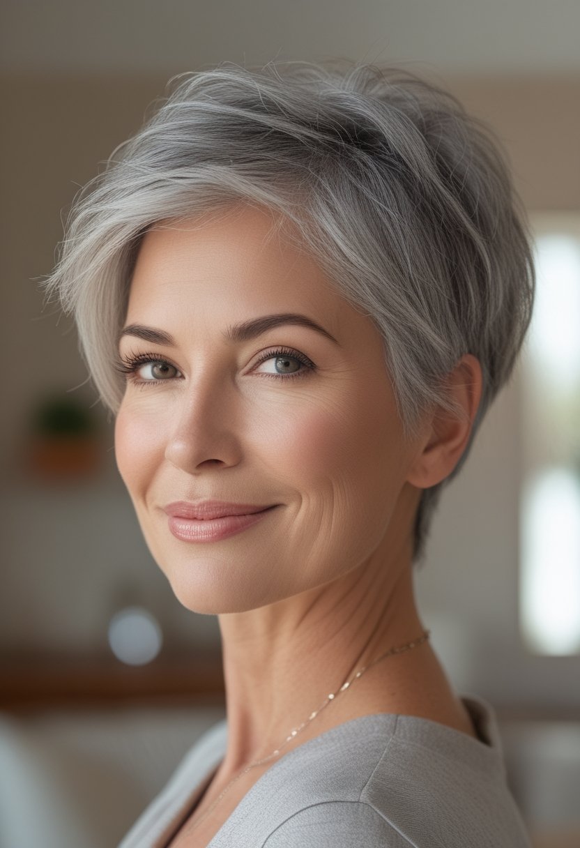 A smiling older woman with a short layered gray pixie haircut poses indoors.
