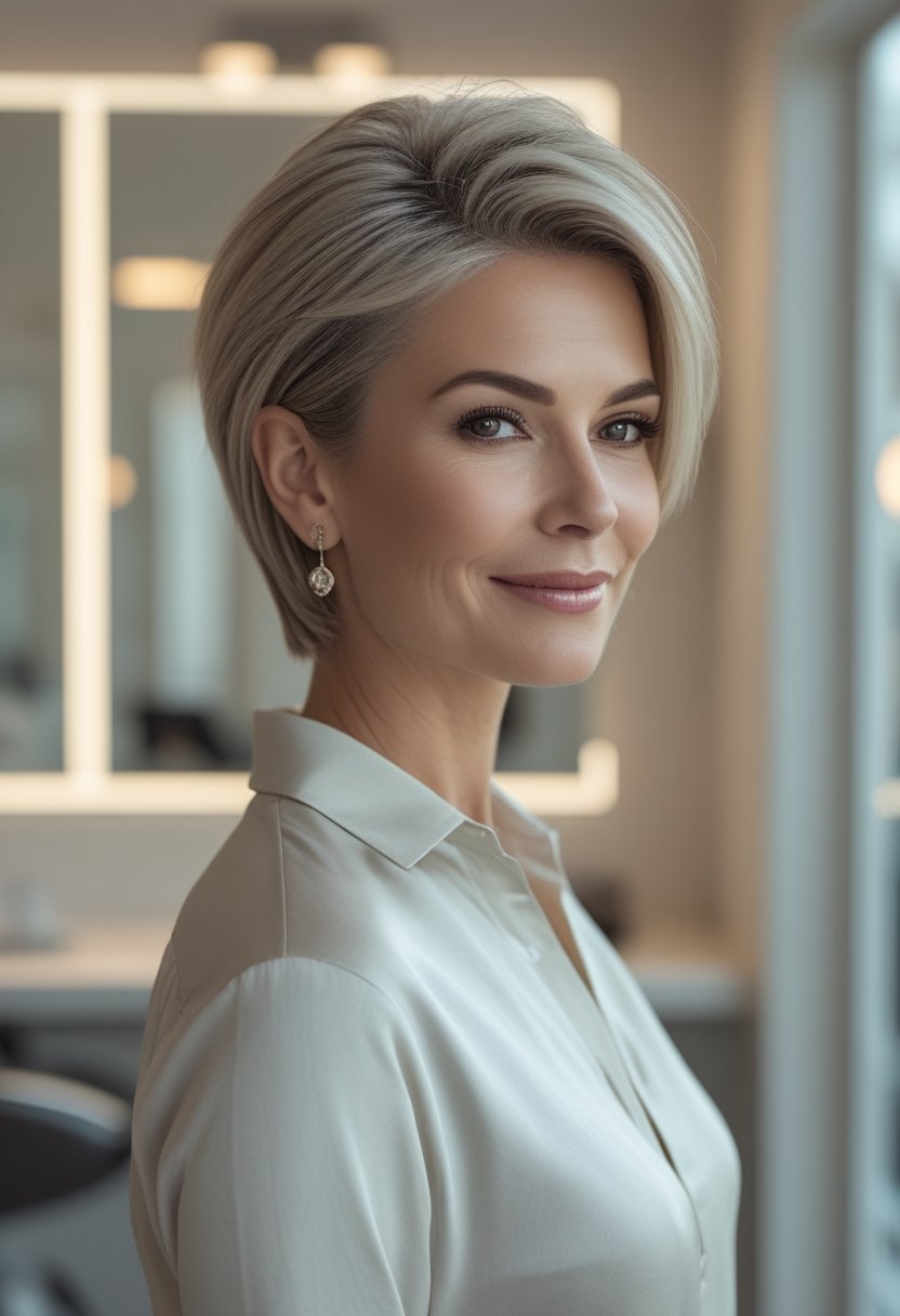 A mature woman with a long-top pixie haircut and side-swept bangs poses in a bright interior.