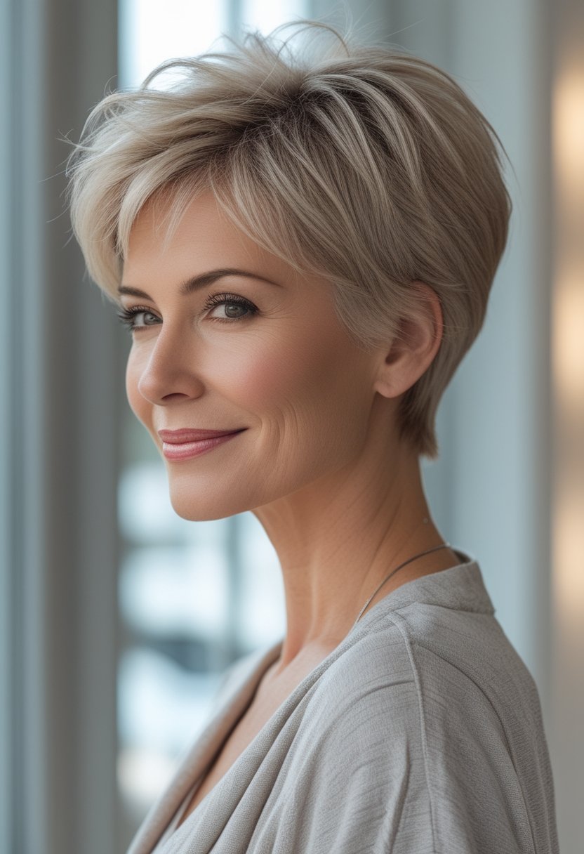 A confident mature woman with a short feathered pixie haircut in a bright salon.