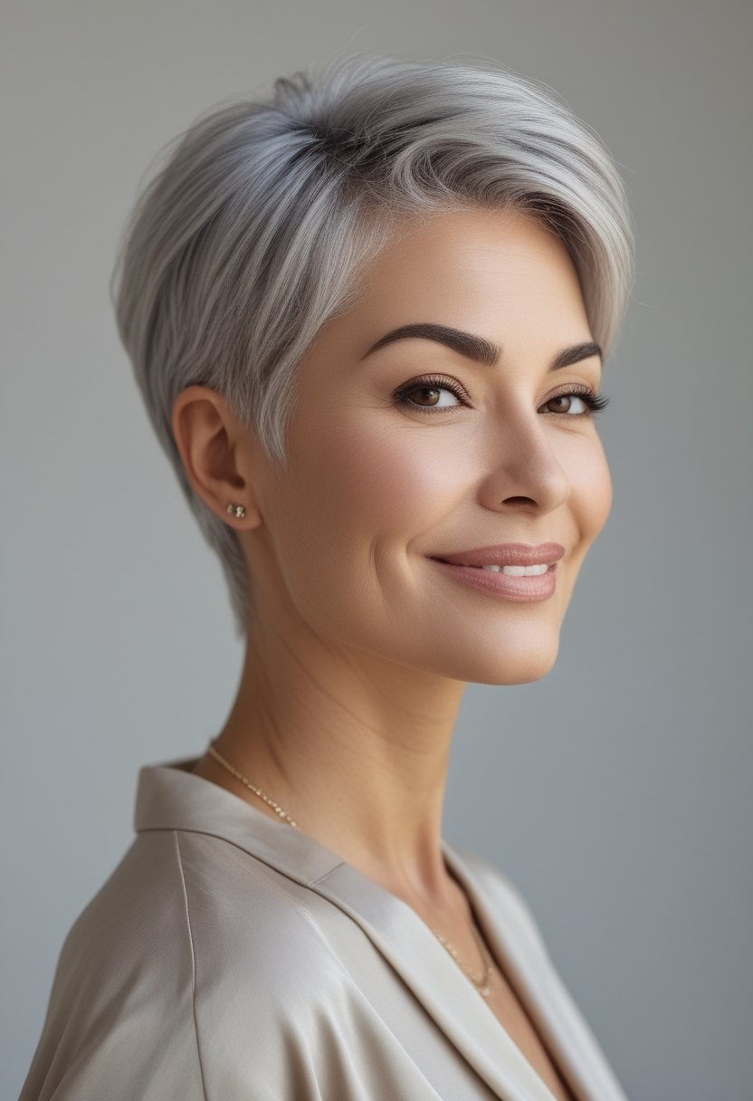 A smiling older woman with a short silver-gray pixie haircut poses against a light background.