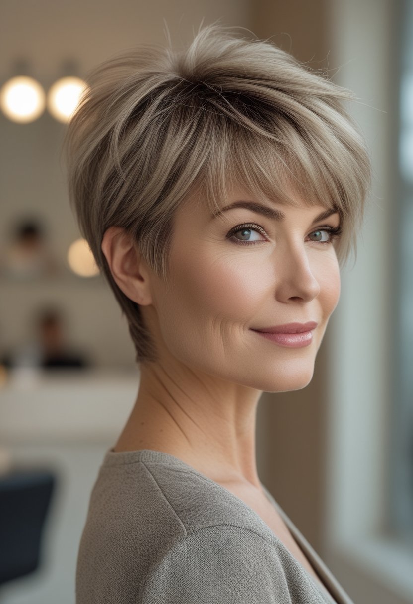 A mature woman with a short textured pixie haircut and wispy bangs poses in a salon.