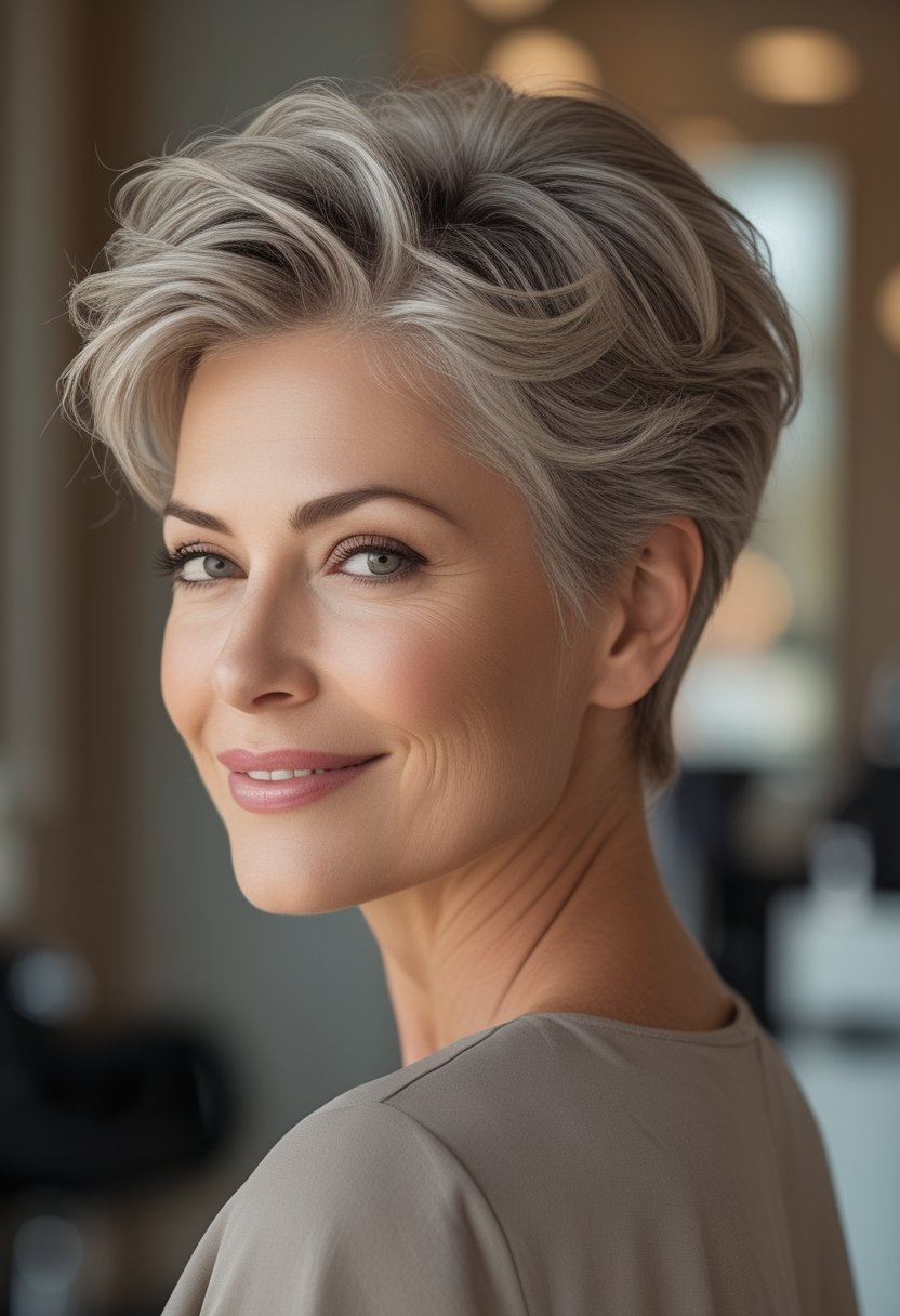 A mature woman with a short wavy pixie haircut smiles at the camera.