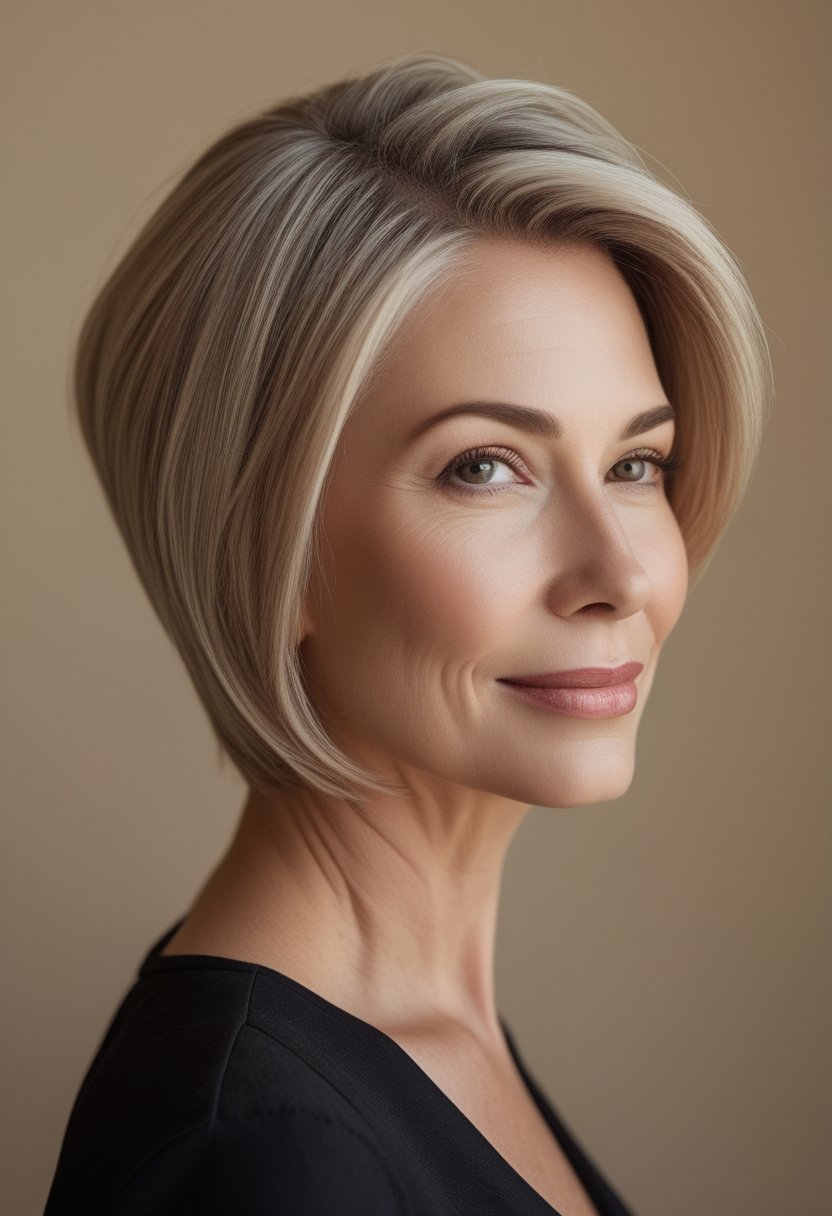 A mature woman with a layered pixie bob haircut poses against a neutral background.